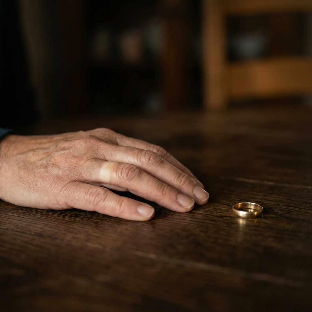 A gold wedding ring resting on a dark wooden table